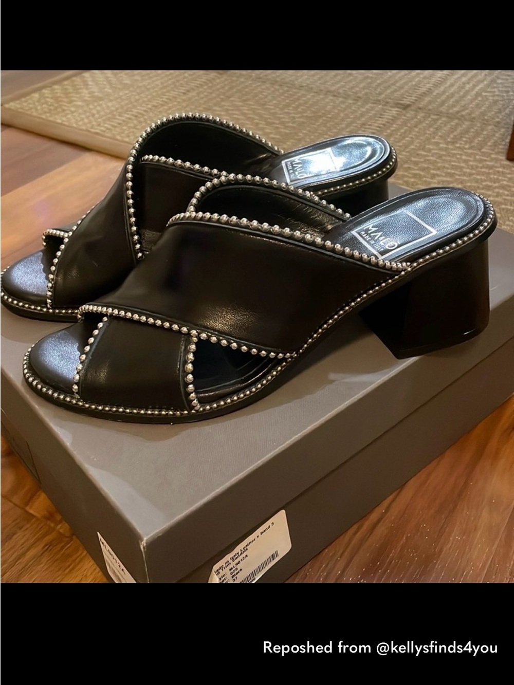 Mango Black Beaded Leather Block Heel Mules